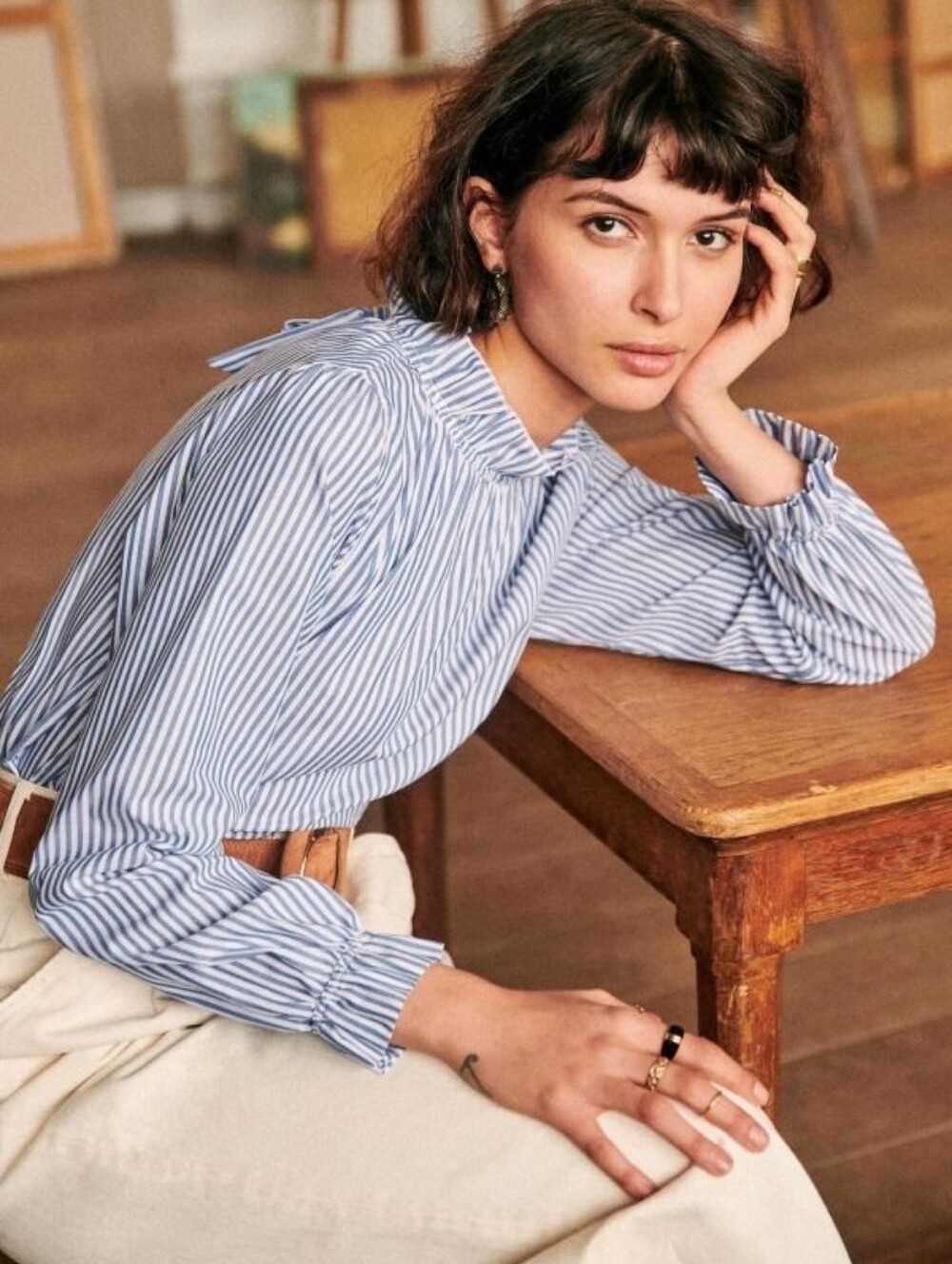Sezane Clothilde Striped Blouse Size 34 (size 2/XS) Mock Neck Cotton French NWT